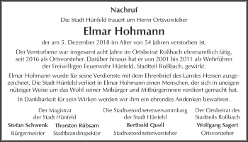 Traueranzeige von Elmar Hohmann 