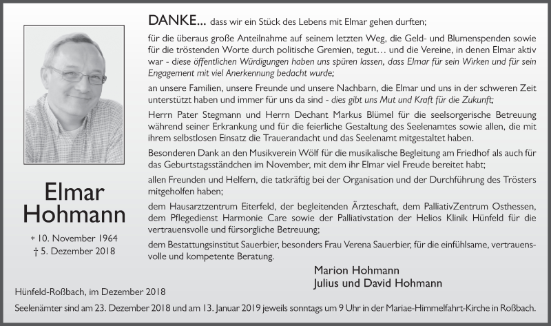  Traueranzeige für Elmar Hohmann vom 22.12.2018 aus FZ