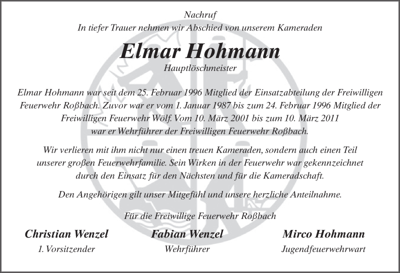  Traueranzeige für Elmar Hohmann vom 08.12.2018 aus 