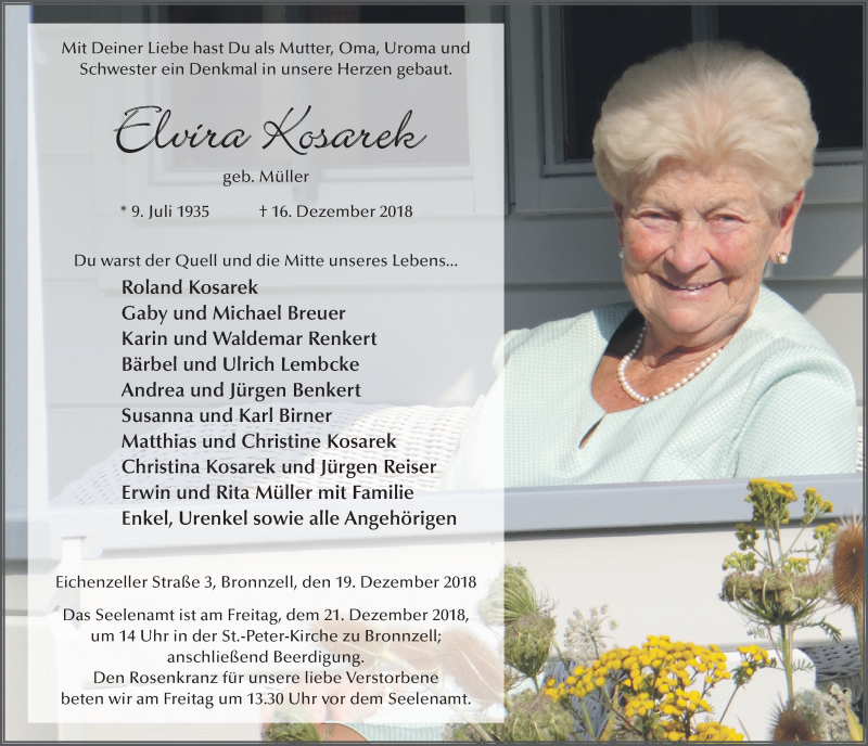  Traueranzeige für Elvira Kosarek vom 19.12.2018 aus FZ