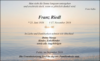 Traueranzeige von Franz Riedl 