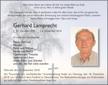 Traueranzeige von Gerhard Lamprecht von FZ
