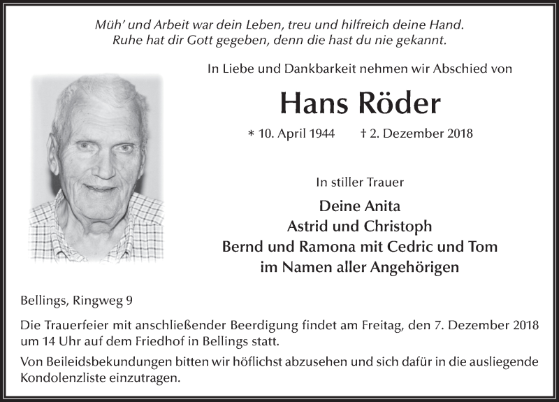  Traueranzeige für Hans Röder vom 05.12.2018 aus 