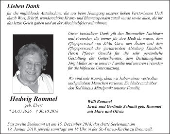 Traueranzeige von Hedwig Rommel 