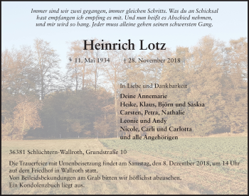 Traueranzeige von Heinrich Lotz 