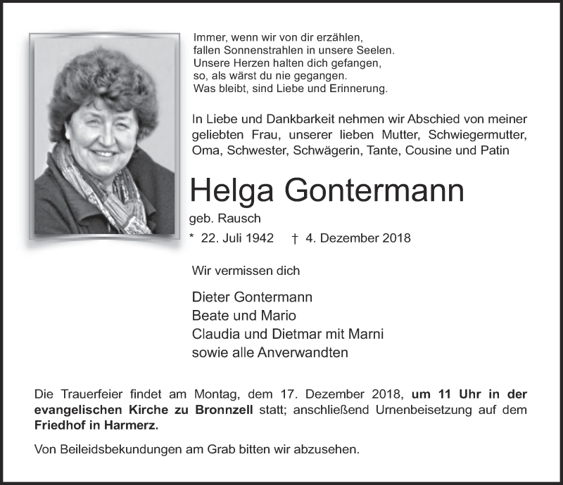 Traueranzeige für Helga Gontermann vom 11.12.2018 aus 