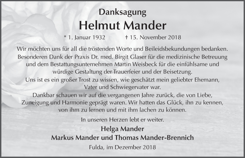  Traueranzeige für Helmut Mander vom 14.12.2018 aus 