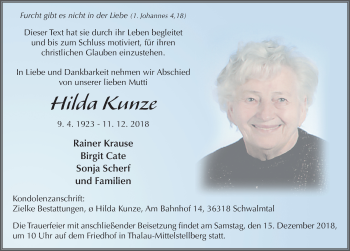 Traueranzeige von Hilda Kunze 