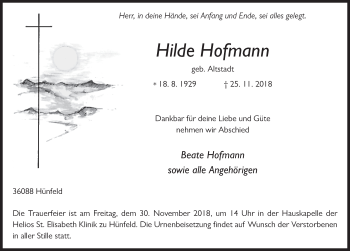 Traueranzeige von Hilde Hofmann von Fuldaer Zeitung