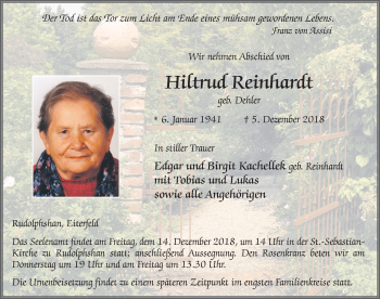 Traueranzeige von Hiltrud Reinhardt 