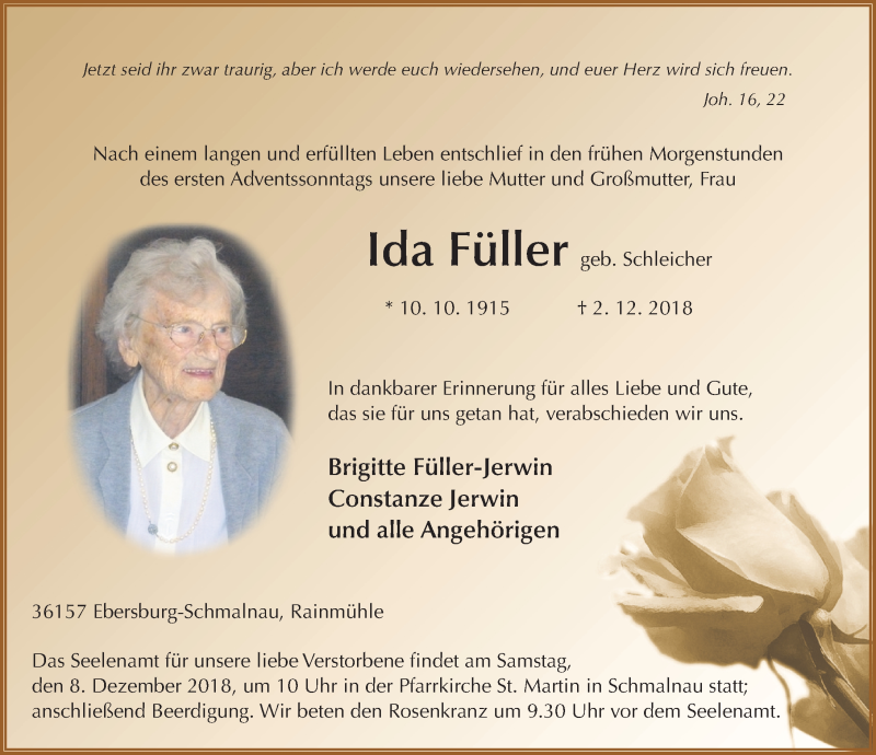  Traueranzeige für Ida Füller vom 05.12.2018 aus 