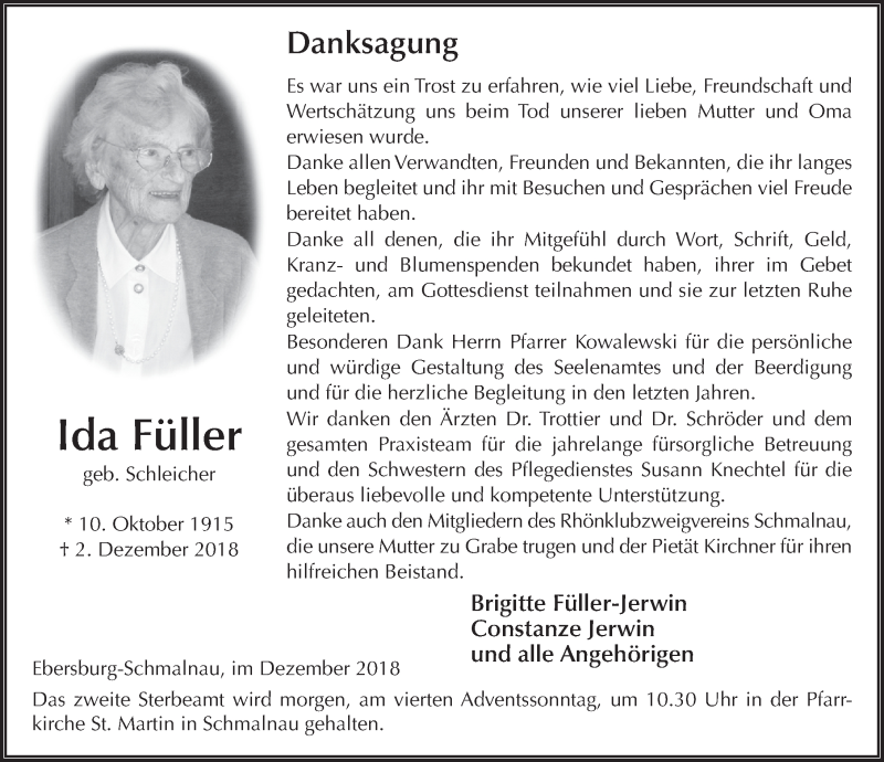  Traueranzeige für Ida Füller vom 22.12.2018 aus FZ