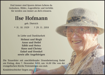 Traueranzeige von Ilse Hofmann 