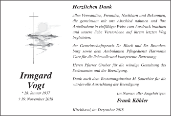 Traueranzeige von Irmgard Vogt 