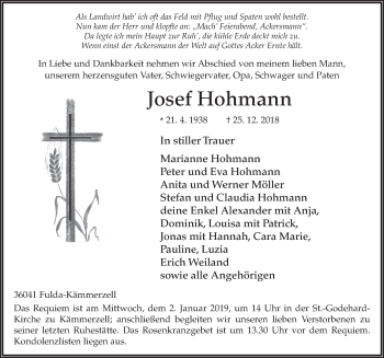 Traueranzeige von Josef Hohmann von FZ