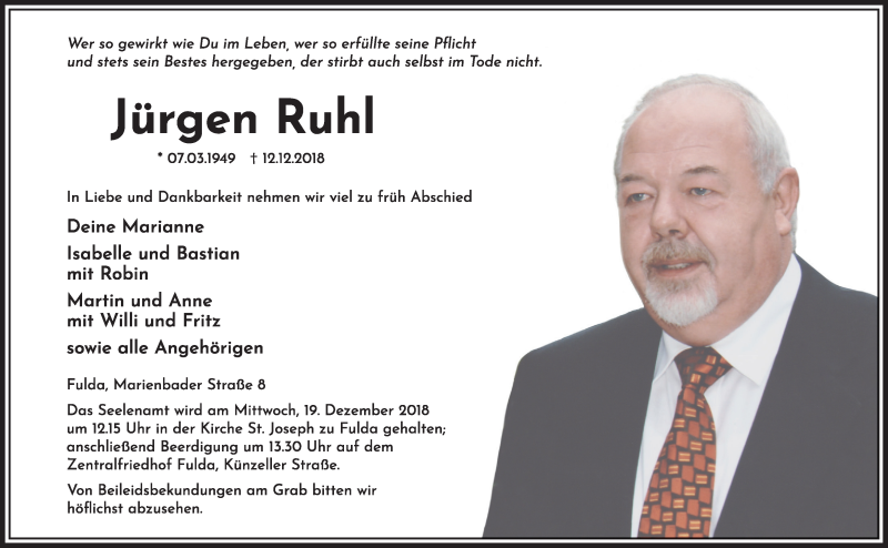  Traueranzeige für Jürgen Ruhl vom 14.12.2018 aus 