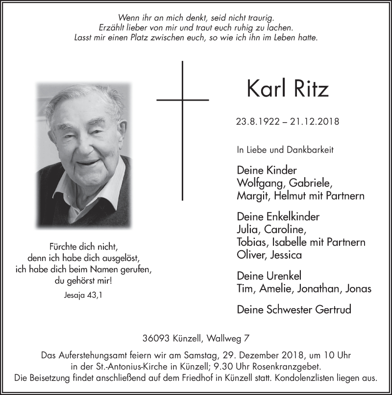  Traueranzeige für Karl Ritz vom 24.12.2018 aus 