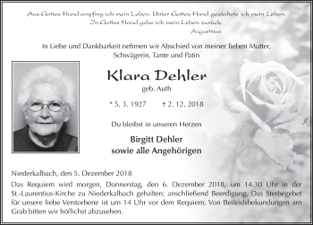 Traueranzeige von Klara Dehler 