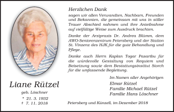 Traueranzeige von Liane Rützel 