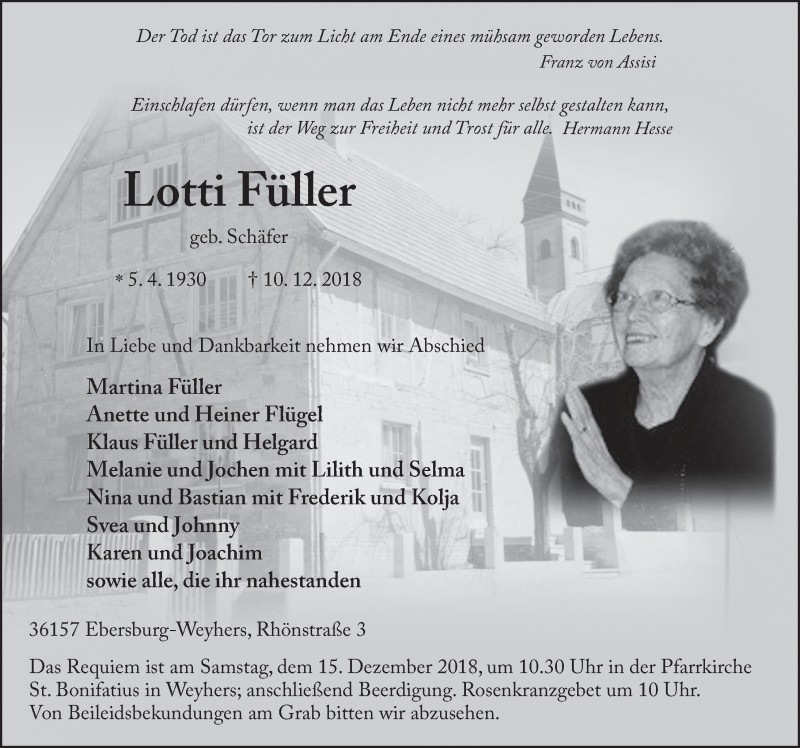  Traueranzeige für Lotti Füller vom 13.12.2018 aus 