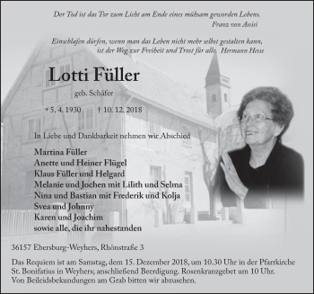 Traueranzeige von Lotti Füller 
