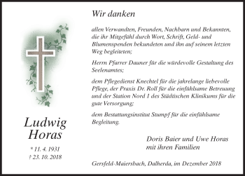 Traueranzeige von Ludwig Horas von Fuldaer Zeitung