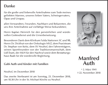 Traueranzeige von Manfred Auth 