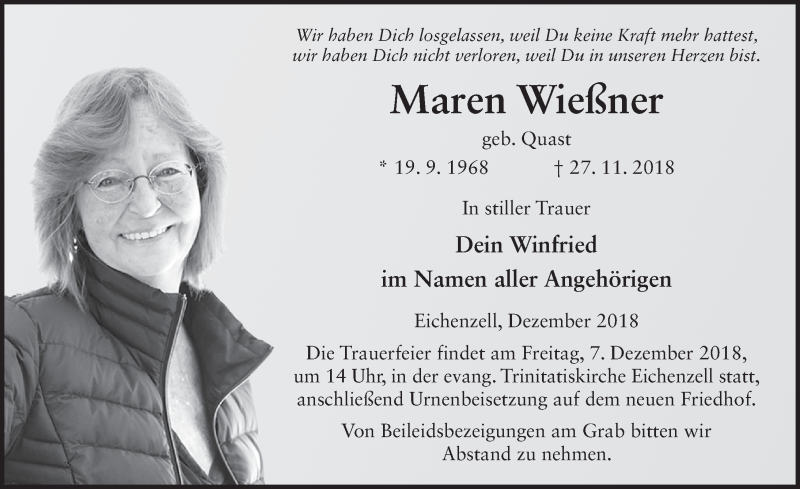  Traueranzeige für Maren Wießner vom 04.12.2018 aus 