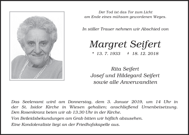  Traueranzeige für Margret Seifert vom 31.12.2018 aus 