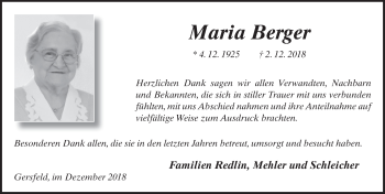Traueranzeige von Maria Berger von FZ