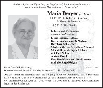 Traueranzeige von Maria Berger 