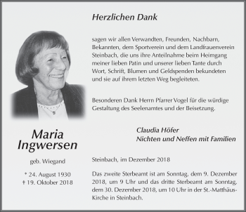 Traueranzeige von Maria Ingwersen 