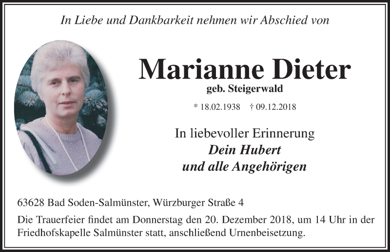  Traueranzeige für Marianne Dieter vom 14.12.2018 aus 