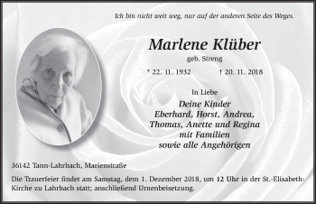 Traueranzeige von Marlene Klüber von Fuldaer Zeitung
