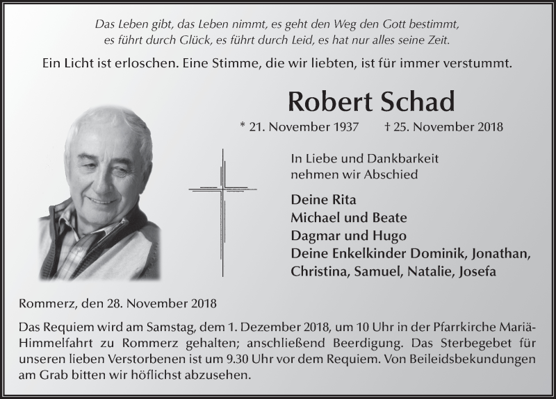  Traueranzeige für Robert Schad vom 28.11.2018 aus Fuldaer Zeitung