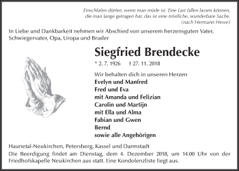 Traueranzeige von Siegfried Brendecke von Fuldaer Zeitung