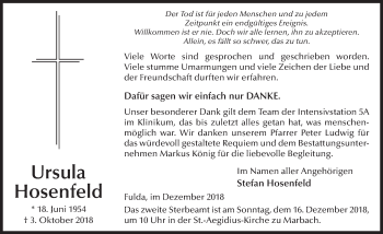 Traueranzeige von Ursula Hosenfeld von Fuldaer Zeitung