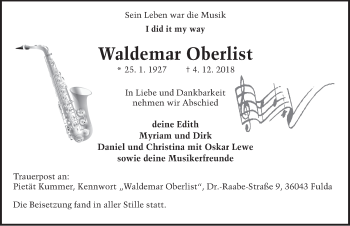 Traueranzeige von Waldemar Oberlist von FZ