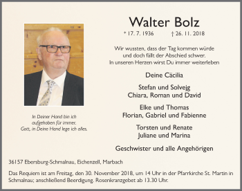 Traueranzeige von Walter Bolz von Fuldaer Zeitung
