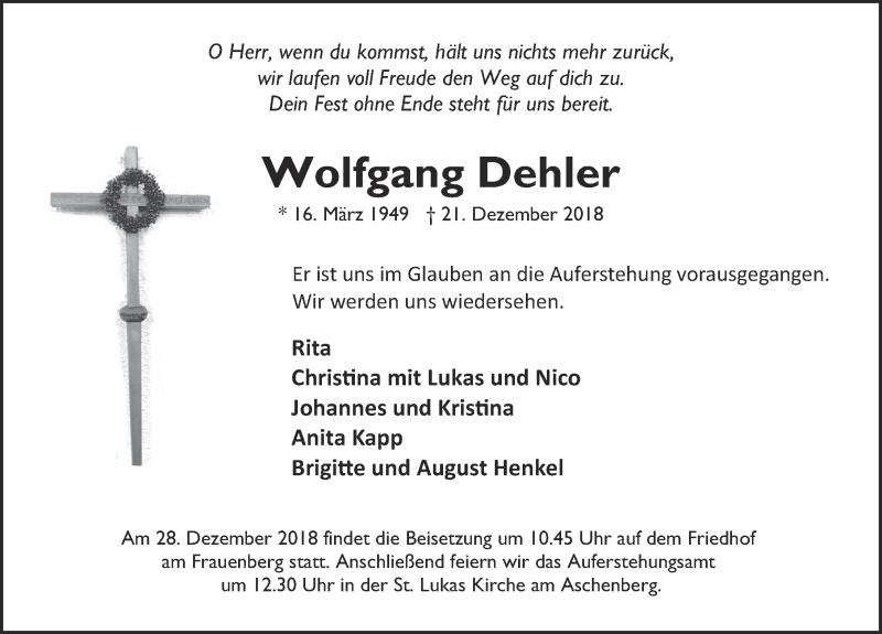  Traueranzeige für Wolfgang Dehler vom 27.12.2018 aus FZ