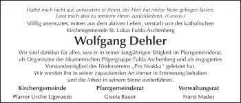 Traueranzeige von Wolfgang Dehler 