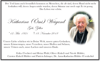 Traueranzeige von Katharina Weigand 