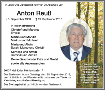 Traueranzeige von Anton Reuß 