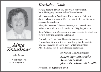 Traueranzeige von Alma Kraushaar 
