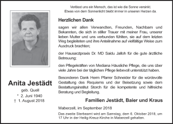Traueranzeige von Anita Jestädt 