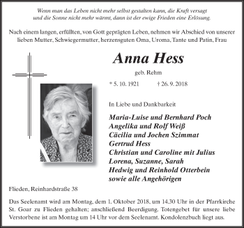 Traueranzeige von Anna Hess 