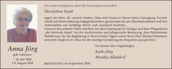 Traueranzeige von Anna Jörg 