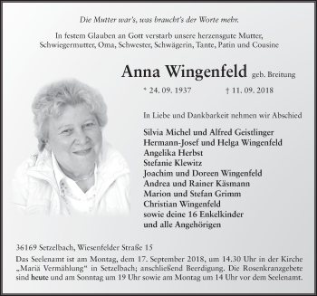 Traueranzeige von Anna Wingenfeld 