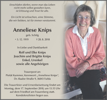 Traueranzeige von Anneliese Knips 