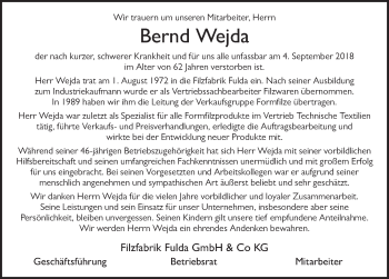 Traueranzeige von Bernd Wejda 
